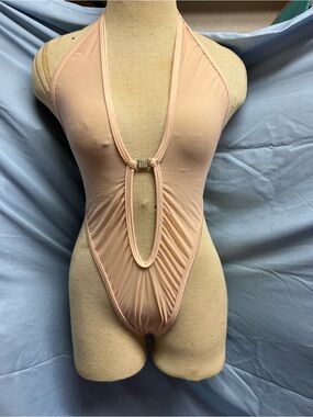 Plunge Mesh Halter One-Piece Bodysuit in Blush Pink